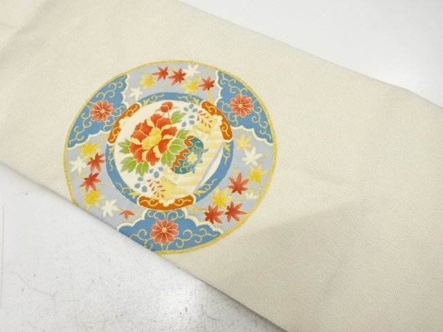 綴れ　絵皿に草花・花瓶模様織り出し　名古屋帯